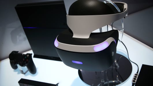 A reference model of the Sony PlayStation VR viewer is on display with a PlayStation 4 system during a CES press event on January 5, 2016 in Las Vegas, Nevada.