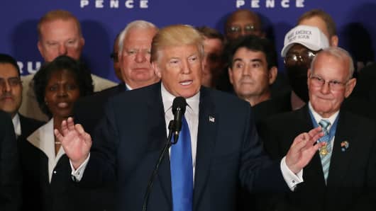 Surrounded by military veterans, US Republican presidential nominee Donald Trump says US President Barack Obama was born in the United States, during a campaign event at the Trump International Hotel, September 16, 2016 in Washington, DC