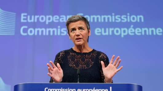 European Competition Commissioner Margrethe Vestager holds a news conference at EU Commission headquarters in Brussels, July 14, 2016.