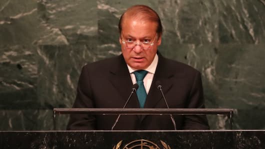 Pakistan's Prime Minister Nawaz Sharif addresses the General Assembly at the United Nations on September 21, 2016 in New York City.