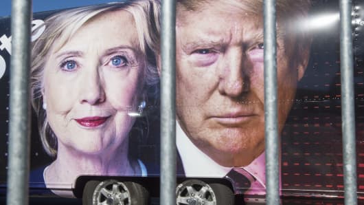 A truck billboard featuring Democratic nominee Hillary Clinton and Republican nominee Donald Trump
