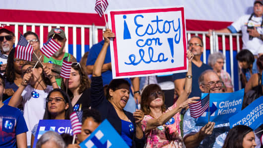 Latino supporters of Hillary Clinton hold a sign saying 'I'm with her' written in Spanish at a campaign rally, in Miami, Florida.