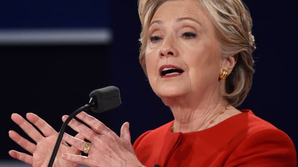 Democratic nominee Hillary Clinton makes a point during the first presidential debate at Hofstra University in Hempstead, New York on September 26, 2016.