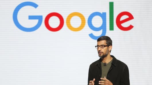 Google CEO Sundar Pichai takes the stage during the presentation of new Google hardware in San Francisco on Oct. 4, 2016.