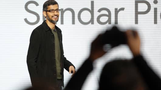 Google CEO Sundar Pichai takes the stage during the presentation of new Google hardware in San Francisco, California, U.S. October 4, 2016.