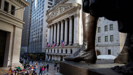 American flags fly outside The New York Stock Exchange in New York.