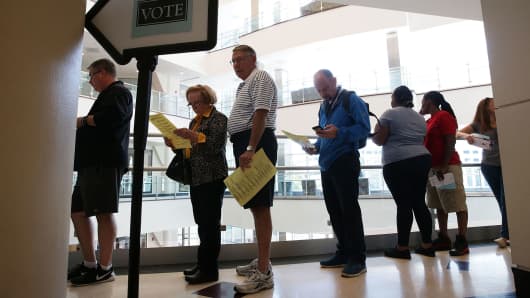 Voters wait in line for casting their ballots during early voting for the 2016 general election at Forsyth County Government Center October 28, 2016 in Winston-Salem, North Carolina.