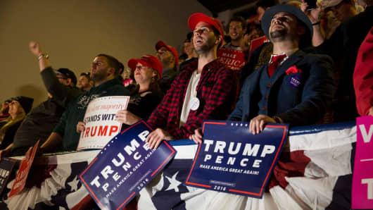 Supporters of Republican presidential nominee Donald Trump listen at a rally at Lackawanna College in Scranton, Pennsylvania, on the final day of campaigning November 7, 2016.