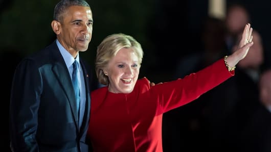 President Barack Obama and Democratic presidential nominee former Secretary of State Hillary Rodham Clinton on stage during the Hillary Clinton 'Get Out The Vote' campaign rally on November 7, 2016 in Philadelphia, Pennsylvania.