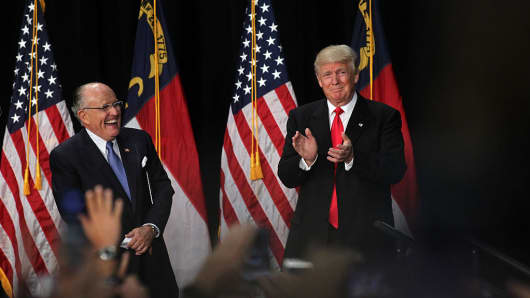 Former New York City Mayor Rudy Giuliani introduces Republican presidential candidate Donald Trump at a rally on August 18, 2016 at the Charlotte Convention Center in Charlotte, North Carolina.