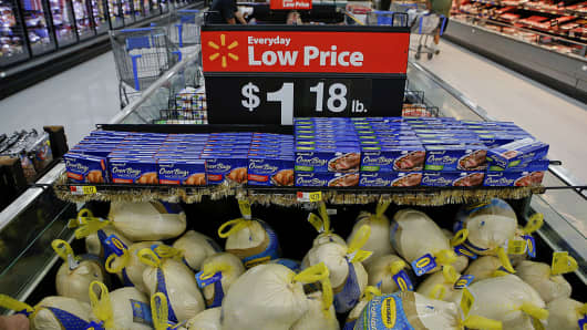 Butterball frozen turkeys are displayed for sale at a Wal-Mart Stores Inc. location ahead of Black Friday in Los Angeles, California, U.S., on Tuesday, Nov. 26, 2013.