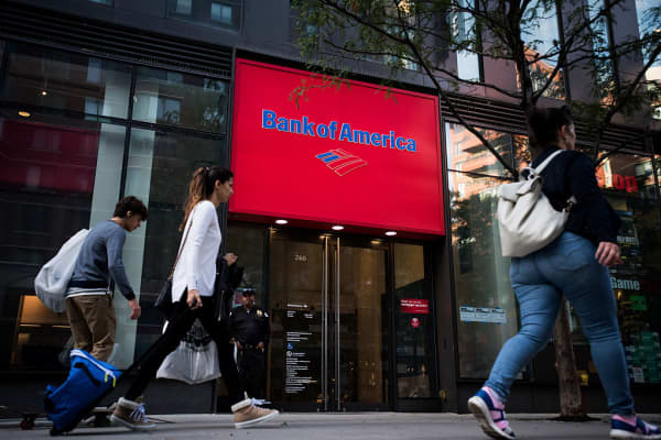 Pedestrians pass in front of a Bank of America Corp. branch in New York, U.S., on Wednesday, Oct. 12, 2016.