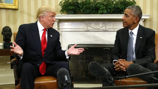 President Barack Obama meets with President-elect Donald Trump to discuss transition plans in the White House Oval Office in Washington, U.S., November 10, 2016.