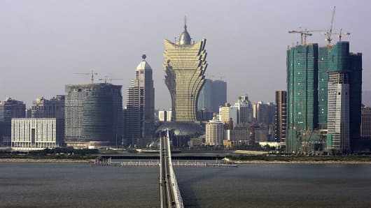 Casinos rise from the skyline of Macau, China.