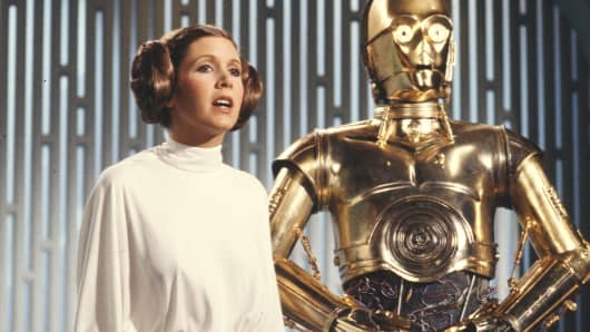 Carrie Fisher (as Princess Leia Organa) and Anthony Daniels (as C3PO) star in the CBS television "The Star Wars Holiday Special."