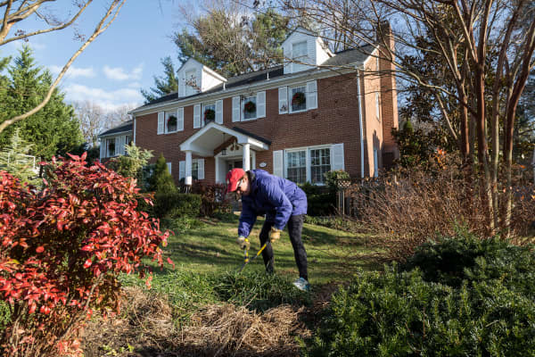 A homeowner trims her yard in the Kenwood Park neighborhood on Dec. 10, 2016 in Bethesda, Md.