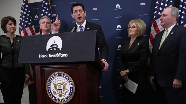 Speaker of the House Rep. Paul Ryan (R-WI) (3rd L) speaks as (L-R) House Republican Conference Chair Rep. Cathy McMorris Rodgers (R-WA), House Majority Leader Rep. Kevin McCarthy (R-CA), Rep. Diane Black (R-TN) and House Majority Whip Rep. Steve Scalise (R-LA) listen during a news briefing after the weekly GOP Conference meeting January 10, 2017 at the Capitol in Washington, DC. The House Republicans discussed the repealing of the Affordable Care Act.