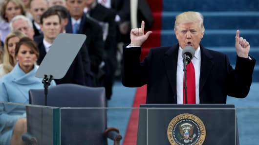 President Donald Trump delivers his inaugural address on the West Front of the U.S. Capitol on January 20, 2017, in Washington.