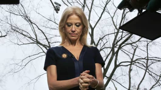 Counselor to U.S. President Donald Trump, Kellyanne Conway prepares to go on the air in front of the White House in Washington, U.S., January 22, 2017.