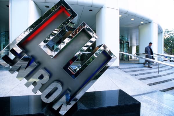 View of the logo outside of Enron Headquarters. The company has collapsed and several employees have been laid off.