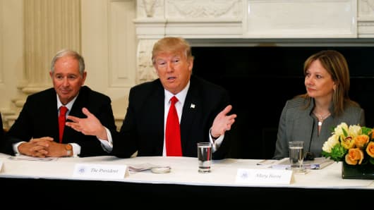 Flanked by Blackstone CEO Stephen Schwarzman (L) and General Motors CEO Mary Barra (R), U.S. President Donald Trump holds a strategy and policy forum with chief executives of major U.S. companies at the White House in Washington February 3, 2017.
