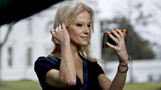 Kellyanne Conway, senior advisor to U.S. President Donald Trump, prepares for a television interview outside the White House in Washington, D.C.
