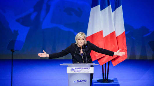French far right National Front (FN) political party's leader, Member of the European Parliament, and candidate for the 2017 French Presidential Election Marine Le Pen delivers a speech during her meeting at the occasion of her 'Assises de la présidentielle' at the Cite internationale on February 5, 2017 in Lyon, France.