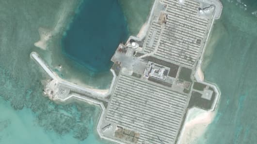 Nov 2016: A close-up of Chinese construction activities on the Cuarteron Reef, located at the east end of the London Reefs in the Spratly Islands of the South China Sea.