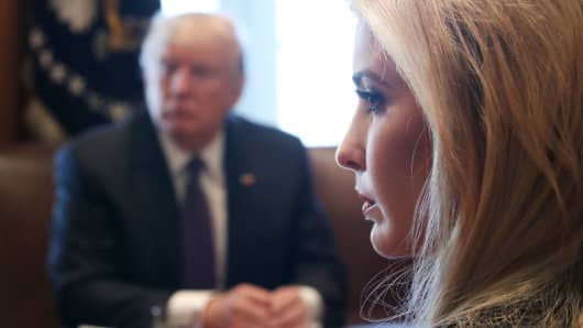 Ivanka Trump (R) attends a round table discussion with her father U.S. President Donald Trump and Canadian Prime Minister Justin Trudeau.