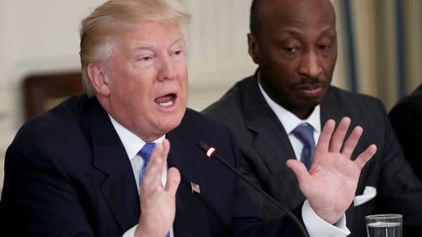 President Donald Trump speaks during a listening session with manufacturing CEOs in the State Dining Room of the White House February 23, 2017 in Washington, DC.  Also pictured is Kenneth Frazier (R) CEO of Merck & Company.
