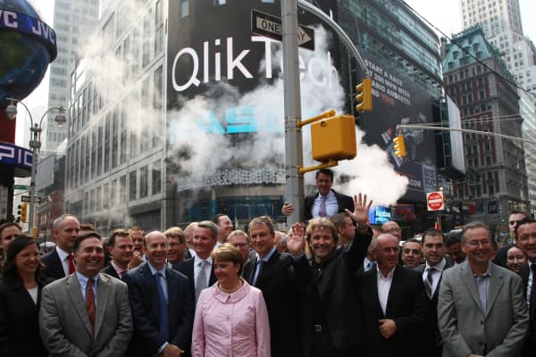 Members of the Qlik team including Managing Partner JVP Erel Margalit and CEO Lars Bjork attend the opening bell for NASDAQ Qlik Technologies.