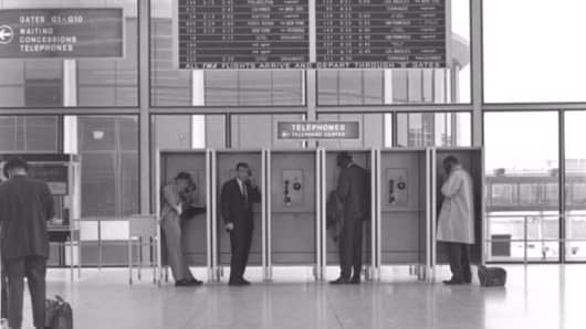 Payphones in O'Hare International Airport, circa 1963.