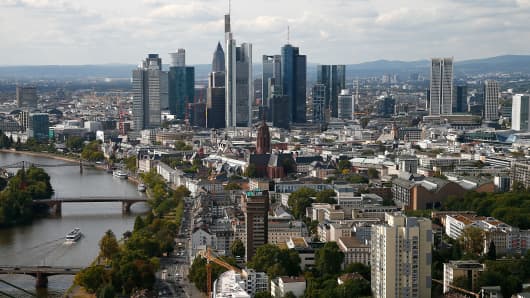 Frankfurt's skyline as viewed from the top floor of the new European Central Bank (ECB) headquarters