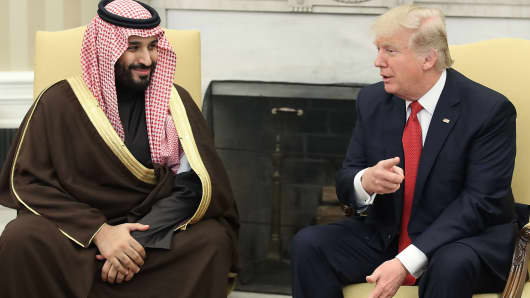 President Donald Trump  meets with Mohammed bin Salman of Saudi Arabia, in the Oval Office at the White House, March 14, 2017 in Washington, DC.