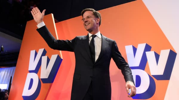 Netherlands' prime minister and VVD party leader Mark Rutte celebrates after winning the general elections in The Hague on March 15, 2017.