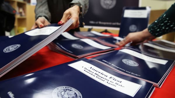 Copies of President Donald Trump's overview of budget priorities for FY2018, titled 'America First: A Budget Blueprint to Make America Great Again.' on display at the Government Publishing Office (GPO) and the Office of Management and Budget, on March 16, 2017 in Washington, DC.