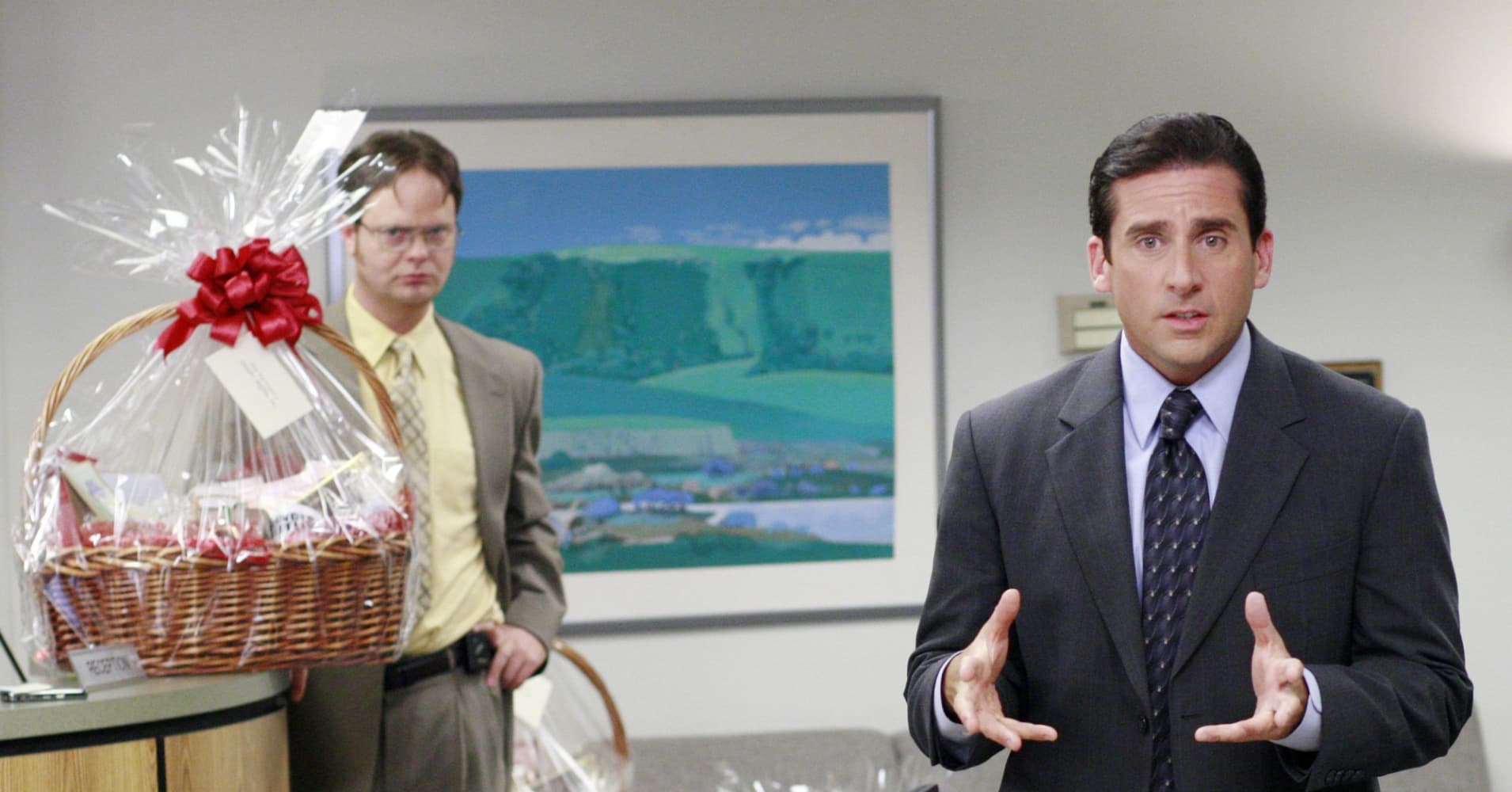 Rainn Wilson as Dwight Schrute and Steve Carell as Michael Scott on The Office.