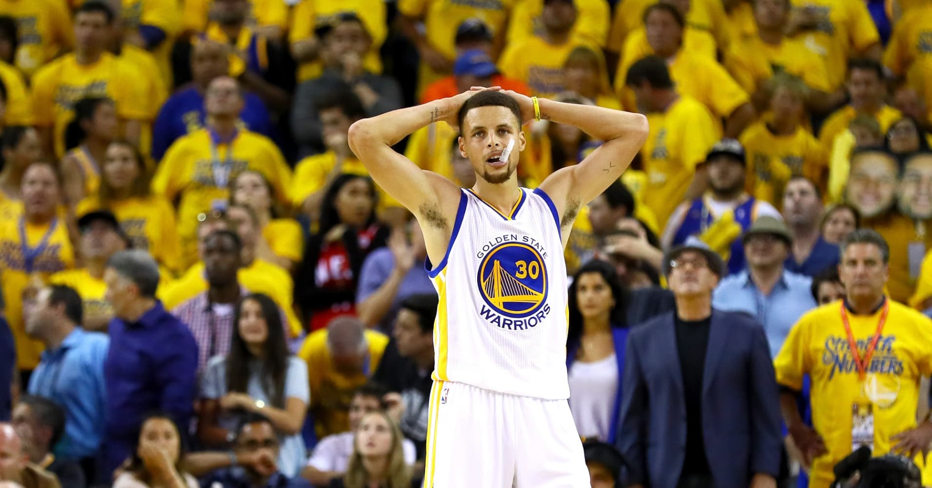Stephen Curry #30 of the Golden State Warriors reacts after losing 93-89 in Game 7 of the 2016 NBA Finals against the Cleveland Cavaliers.