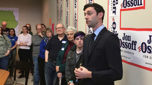 In this photo taken March 11, 2017, Georgia Democratic congressional candidate Jon Ossoff speaks to volunteers in his Cobb County campaign office.