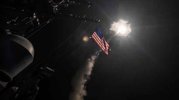 U.S. Navy guided-missile destroyer USS Porter (DDG 78) conducts strike operations while in the Mediterranean Sea which the U.S. Defense Department said was part of a cruise missile strike against Syria on April 7, 2017.