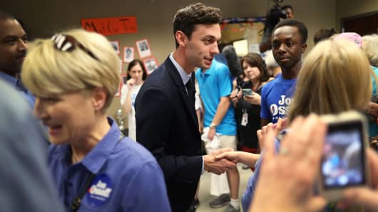 Democratic candidate Jon Ossoff greets supporters at a campaign office as he runs for Georgia's 6th Congressional District on April 15, 2017 in Atlanta, Georgia.