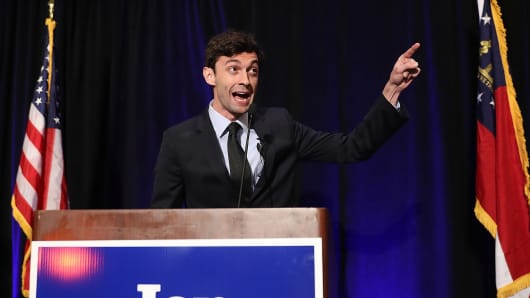 Democratic candidate Jon Ossoff speaks to his supporters as votes continue to be counted in a race that was too close to call for Georgia's 6th Congressional District in a special election to replace Tom Price, who is now the secretary of Health and Human Services on April 18, 2017 in Atlanta, Georgia.