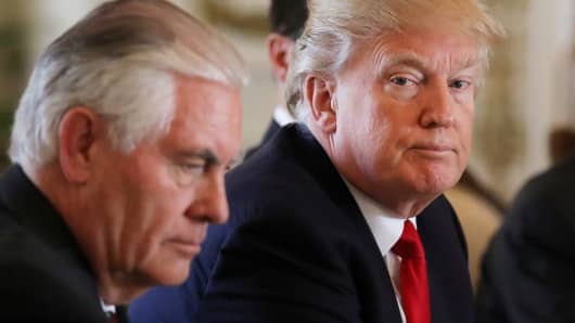 President Donald Trump sits next to Secretary of State Rex Tillerson during a bilateral meeting with China's President Xi Jinping (not pictured) at Trump's Mar-a-Lago estate in Palm Beach, Florida.