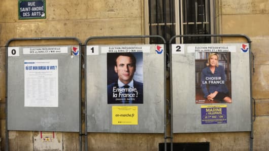 The new 2017 official presidential election posters of the remaining two candidates, Emmanuel Macron and Marine Le Pen, who will compete for the second round.