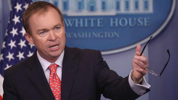 OMB Director Mick Mulvaney speaks to the media about President Trump's budget during a briefing at the White House.