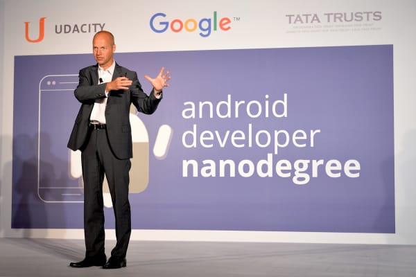 Sebastian Thrun, founder and CEO of Udacity, launches Android Nanodegree in Bangalore, India, in September 2015.
