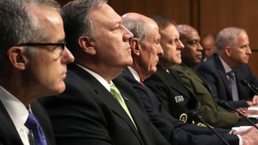 The heads of the United States intelligence agencies (L-R) Acting FBI Director Andrew McCabe, Central Intelligence Agency Director Mike Pompeo, Director of National Intelligence Daniel Coats, National Security Agency Director Adm. Michael Rogers, Defense Intelligence Agency Director Lt. Gen. Vincent Stewart and National Geospatial-Intelligence Agency Director Robert Cardillo testifiy before the Senate Intelligence Committee May 11, 2017 in Washington, DC.