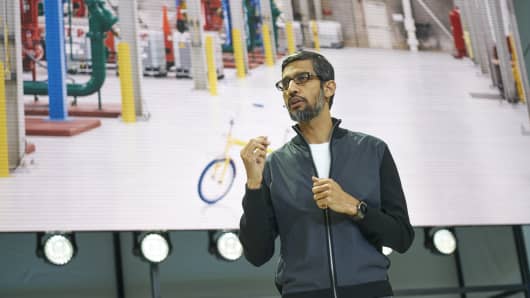 Google CEO Sundar Pichai speaks at the Google I/O developer conference on May 17, 2017.