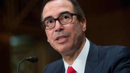 Treasury Secretary Steve Mnuchin testifies during a Senate Banking Committee hearing in Dirksen Building titled Domestic and International Policy Update, on May 18, 2017.