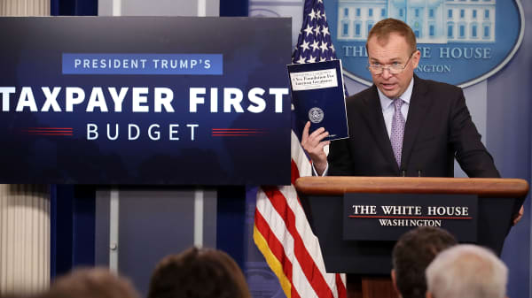 Office of Management and Budget Director Mick Mulvaney holds a news conference to discuss the Trump Administration's proposed FY2018 federal budget in the Brady Press Briefing Room at the White House May 23, 2017 in Washington, DC.